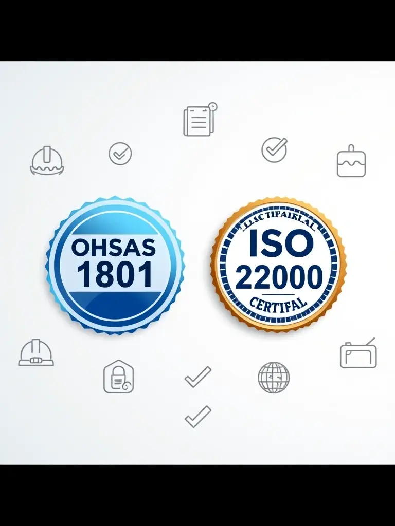 A visual representation of the international certifications (OHSAS 18001 and ISO 22000) held by Alexcomplex, symbolizing the company's commitment to quality and safety standards.